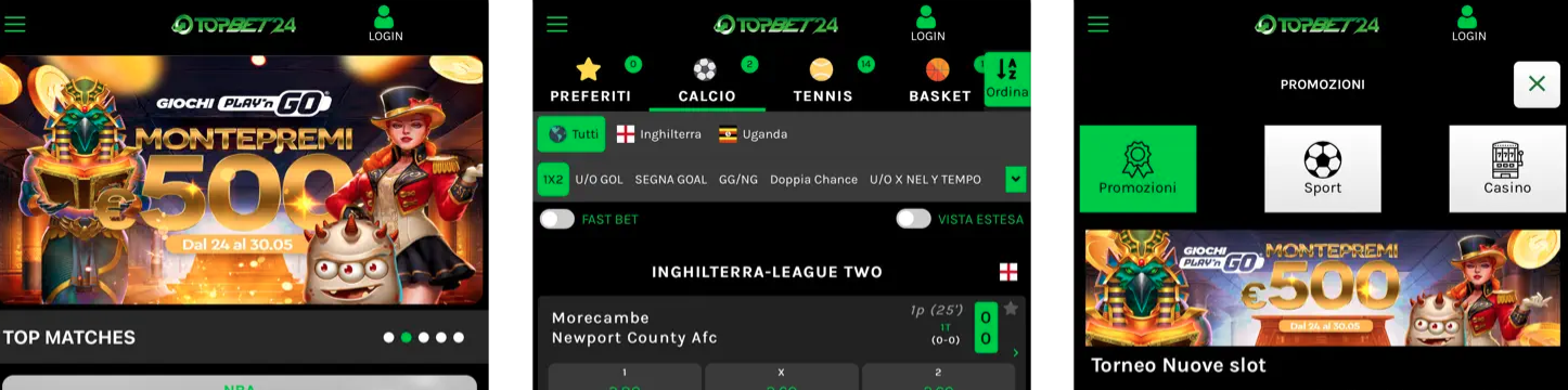 Schermata illustrativa dell’interfaccia mobile Topbet24