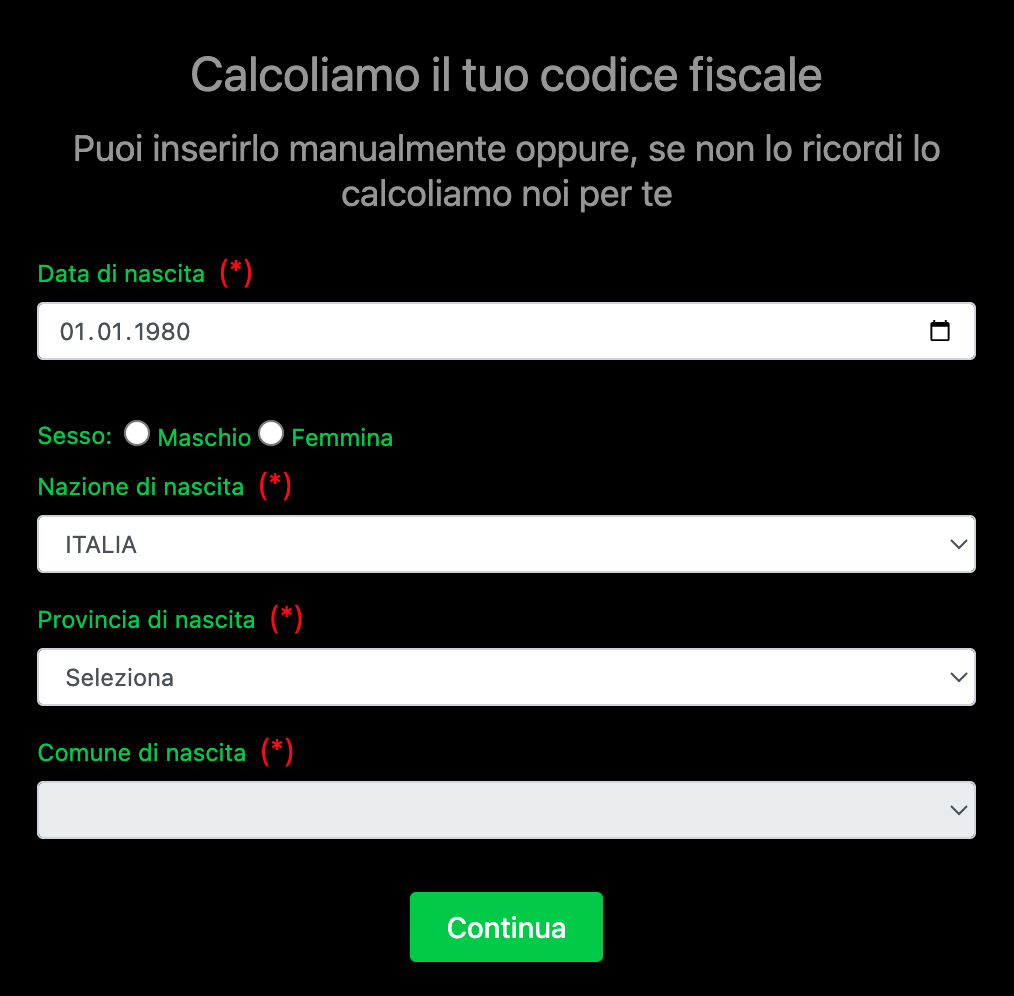 Schermata illustrativa: dati di nascita